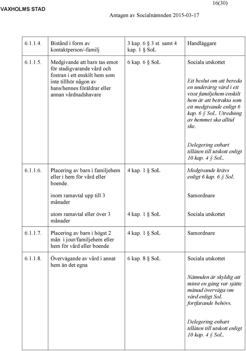 6 SoL Sociala utskottet Ett beslut om att bereda en underårig vård i ett visst familjehem/enskilt hem är att betrakta som ett medgivande enligt 6 kap. 6 SoL. Utredning av hemmet ska alltid ske.