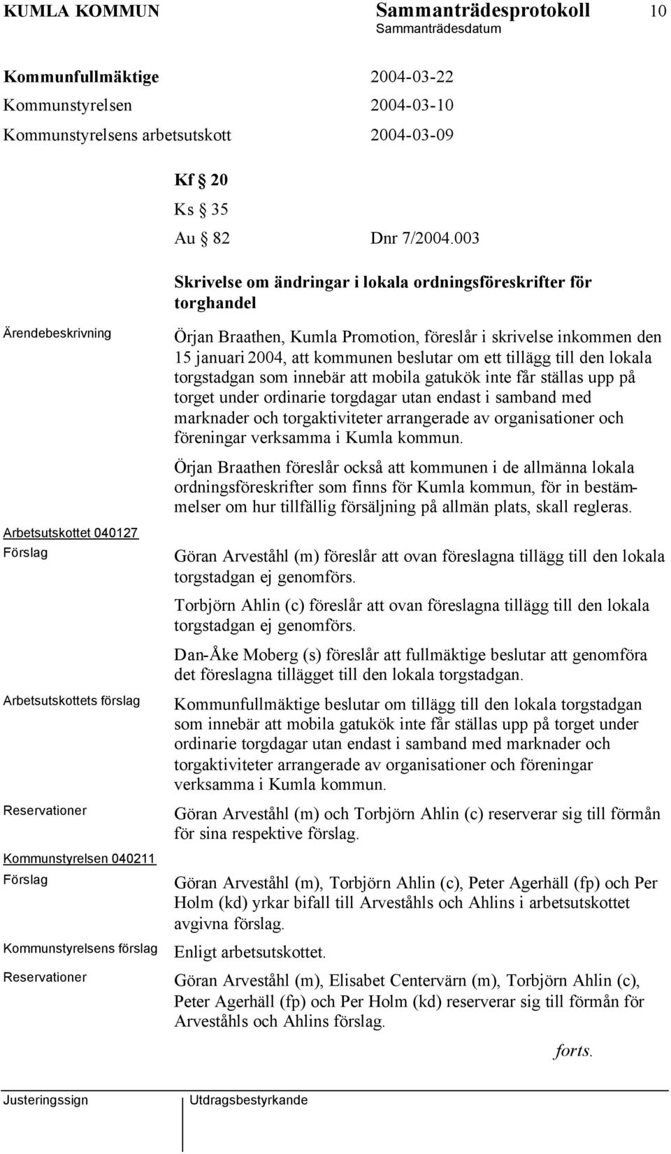 Reservationer Örjan Braathen, Kumla Promotion, föreslår i skrivelse inkommen den 15 januari 2004, att kommunen beslutar om ett tillägg till den lokala torgstadgan som innebär att mobila gatukök inte