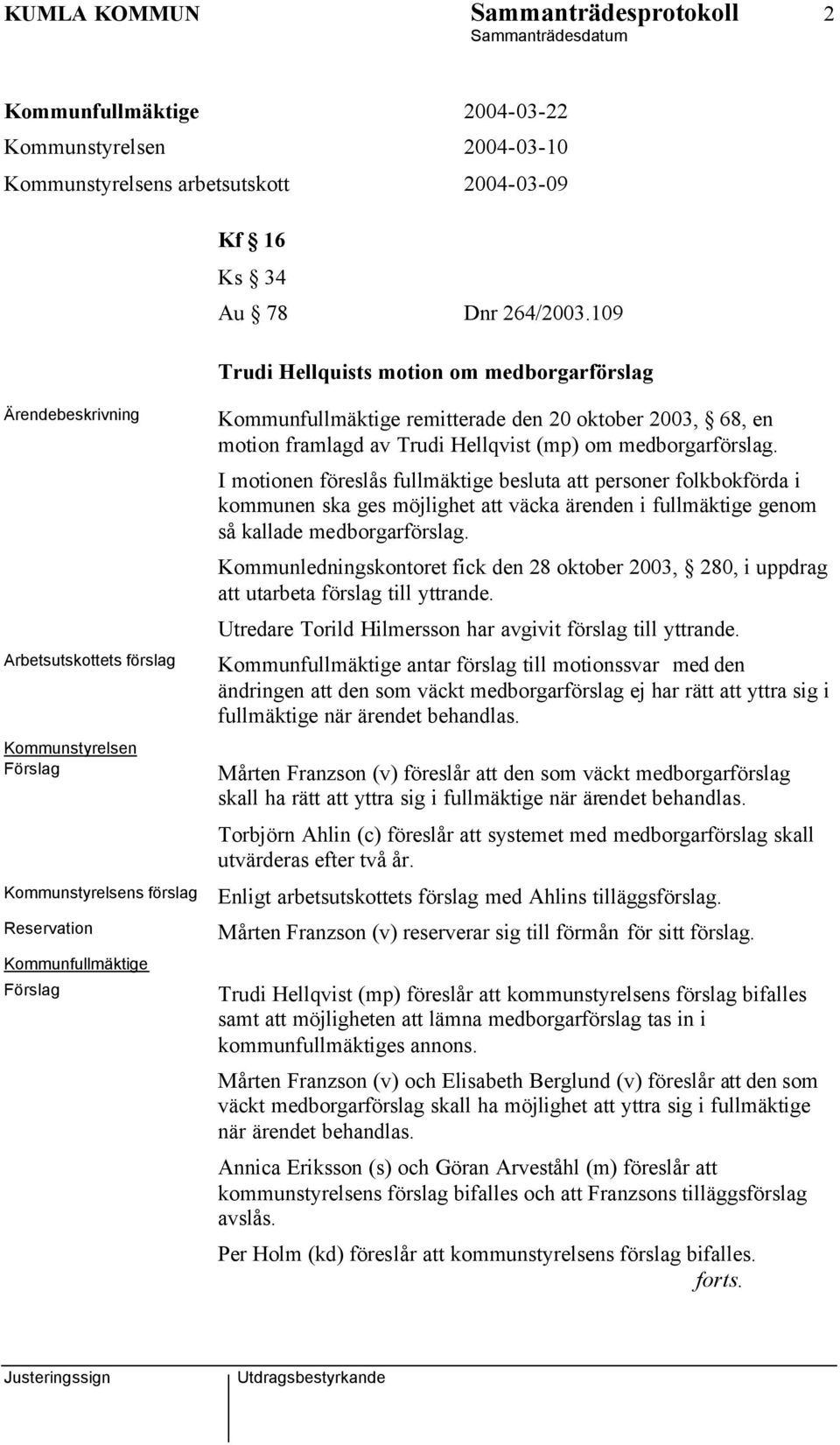 oktober 2003, 68, en motion framlagd av Trudi Hellqvist (mp) om medborgarförslag.