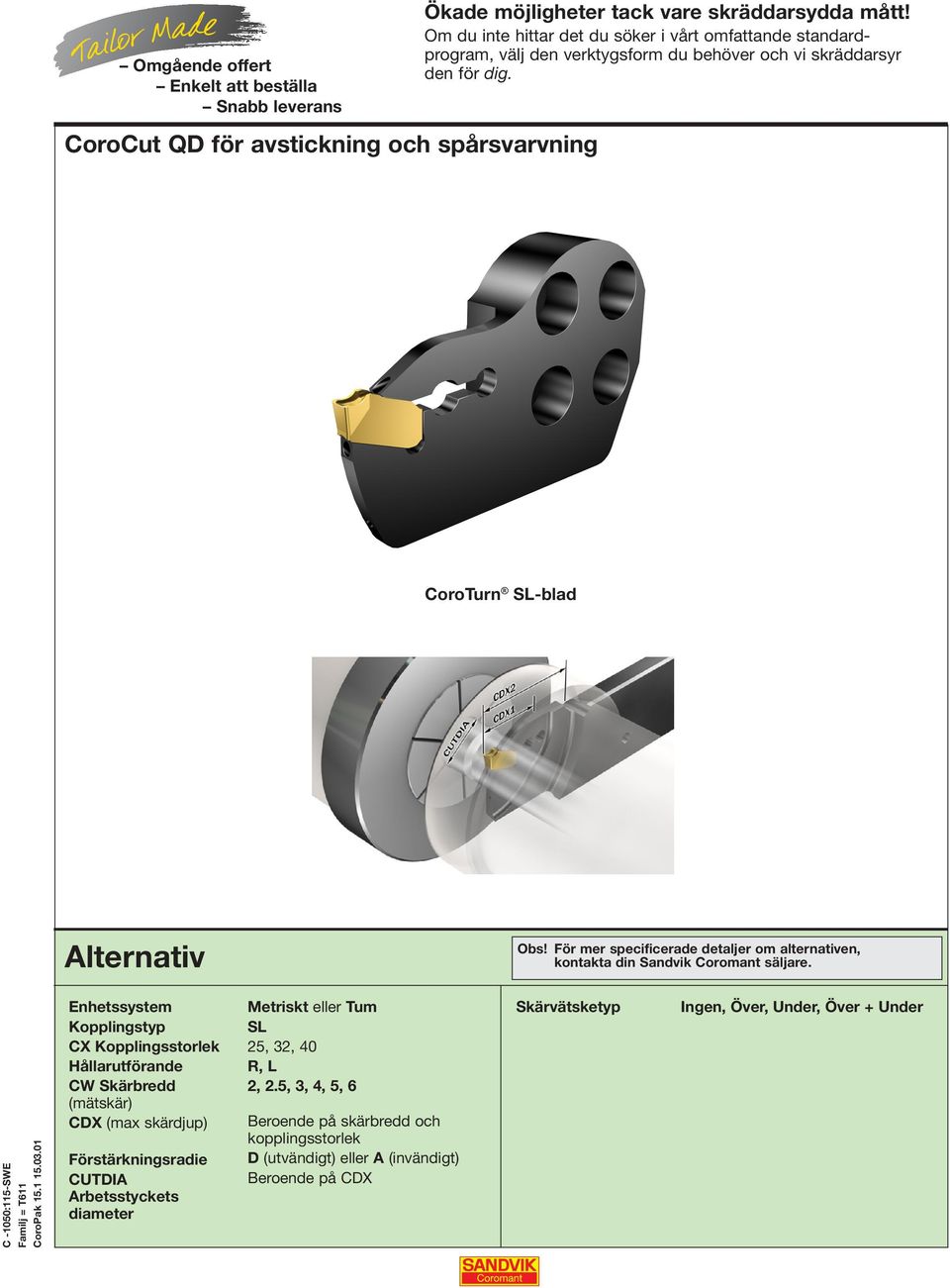 CoroTurn SL-blad Alternativ Obs! För mer specificerade detaljer om alternativen, kontakta din Sandvik Coromant säljare. CoroPak 15.1 15.03.
