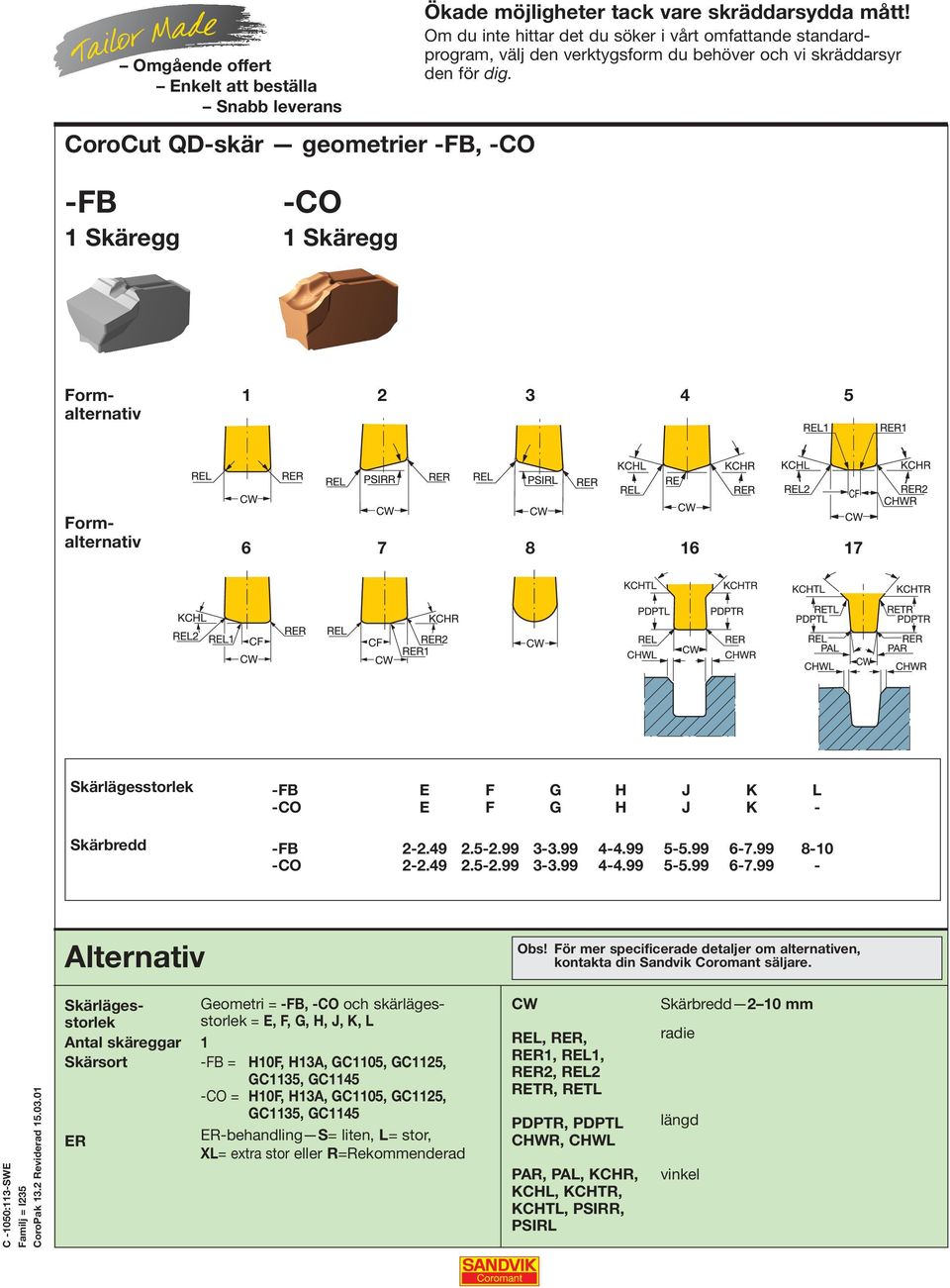 Formalternativ 1 2 3 4 5 Formalternativ 6 7 8 16 17 Skärlägesstorlek Skärbredd -FB E F G H J K L -CO E F G H J K - -FB 2-2.49 2.5-2.99 3-3.99 4-4.99 5-5.99 6-7.99 8-10 -CO 2-2.49 2.5-2.99 3-3.99 4-4.99 5-5.99 6-7.99 - Alternativ Obs!