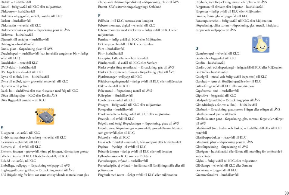 hushållsavfall (kan innehålla tyngder av bly = farligt avfall till KLC) Duschkabin KLC DVD-skiva hushållsavfall DVD-spelare el-avfall till KLC Dyna till möbel, liten hushållsavfall Dyna till möbel,