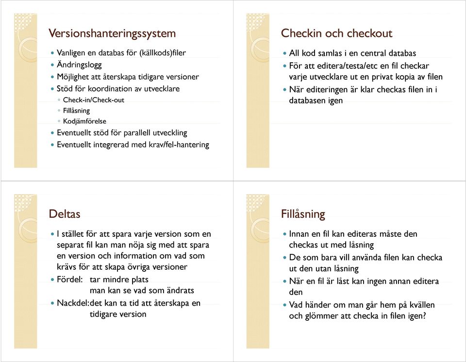 varje utvecklare e ut en privat kopia av filen När editeringen är klar checkas filen in i databasen igen Deltas I stället för att spara varje version som en separat fil kan man nöja sig med att spara