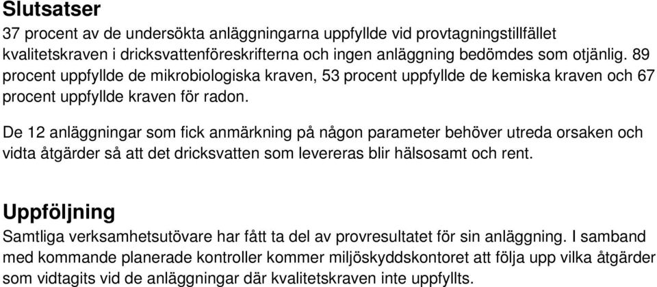 De 12 anläggningar som fick anmärkning på någon parameter behöver utreda orsaken och vidta åtgärder så att det dricksvatten som levereras blir hälsosamt och rent.