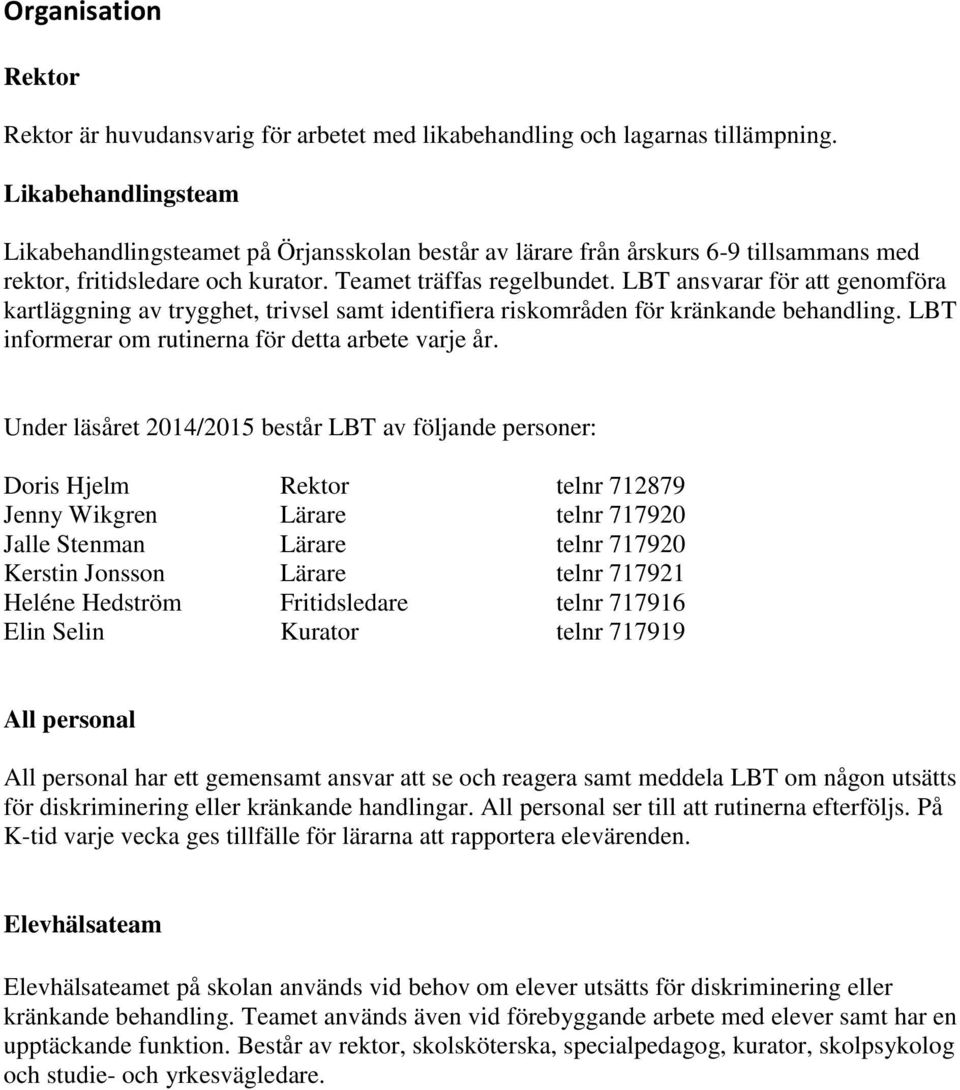 LBT ansvarar för att genomföra kartläggning av trygghet, trivsel samt identifiera riskområden för kränkande behandling. LBT informerar om rutinerna för detta arbete varje år.