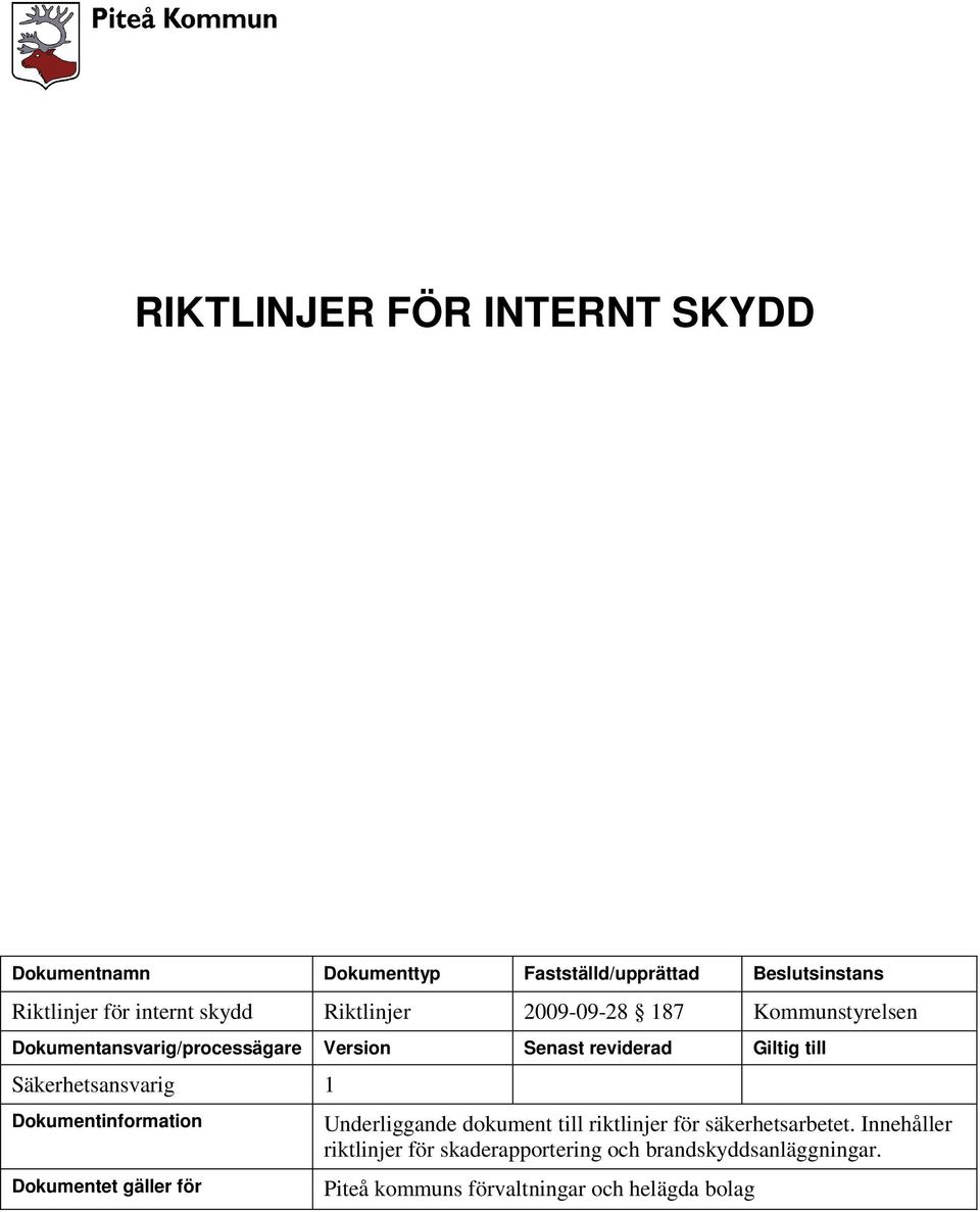 Säkerhetsansvarig 1 Dokumentinformation Dokumentet gäller för Underliggande dokument till riktlinjer för