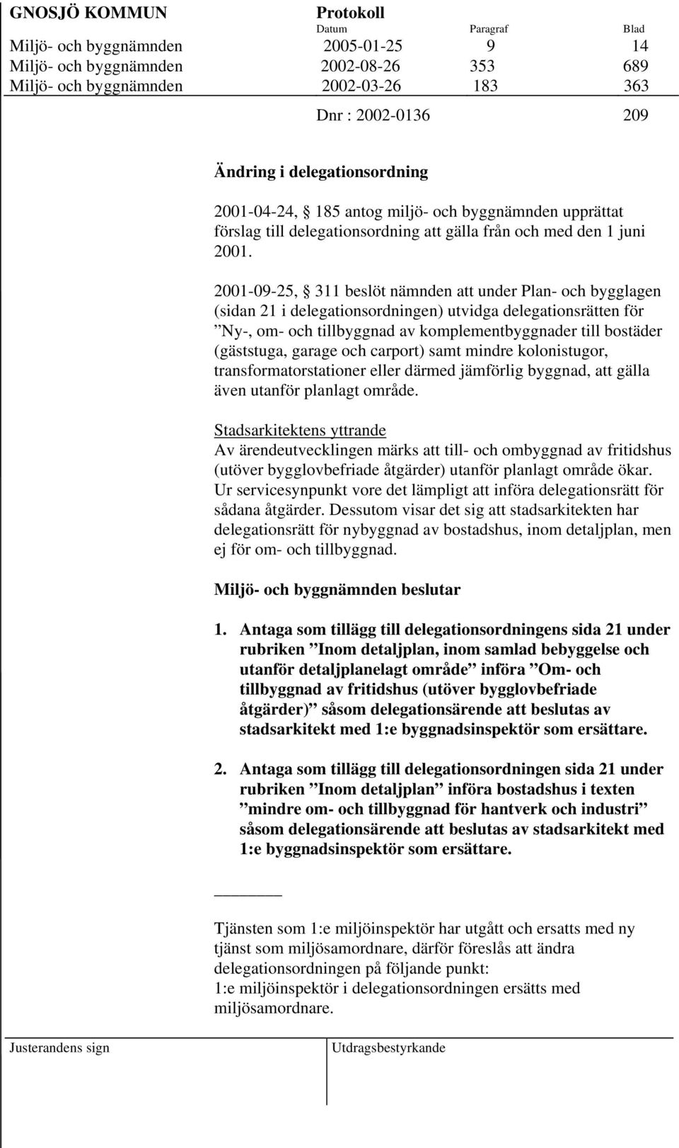 2001-09-25, 311 beslöt nämnden att under Plan- och bygglagen (sidan 21 i delegationsordningen) utvidga delegationsrätten för Ny-, om- och tillbyggnad av komplementbyggnader till bostäder (gäststuga,