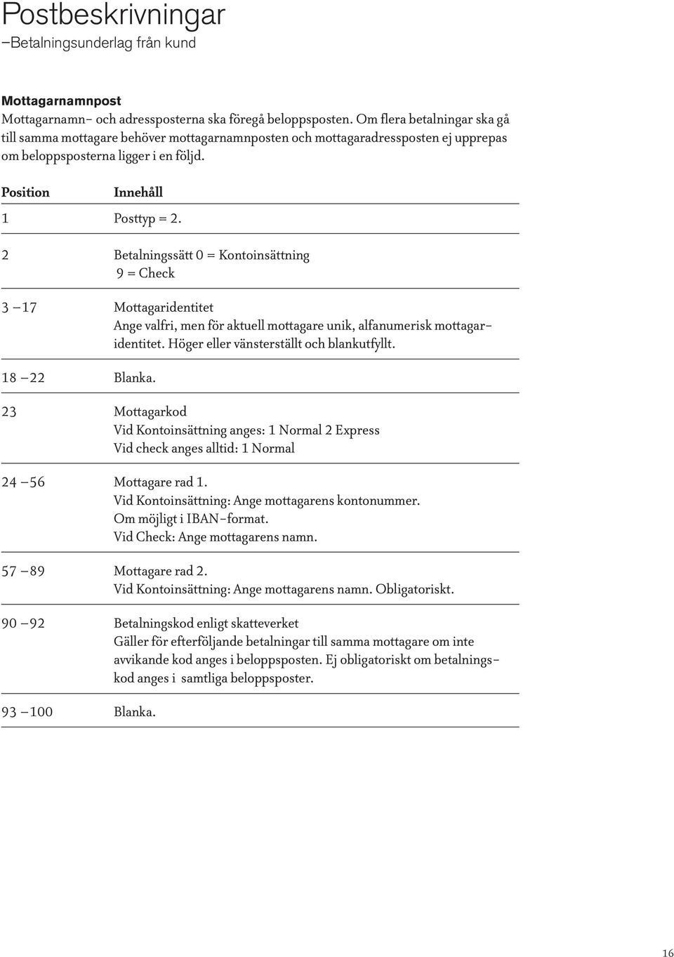 2 Betalningssätt 0 = Kontoinsättning 9 = Check 3 17 Mottagaridentitet Ange valfri, men för aktuell mottagare unik, alfanumerisk mottagaridentitet. Höger eller vänsterställt och blankutfyllt.