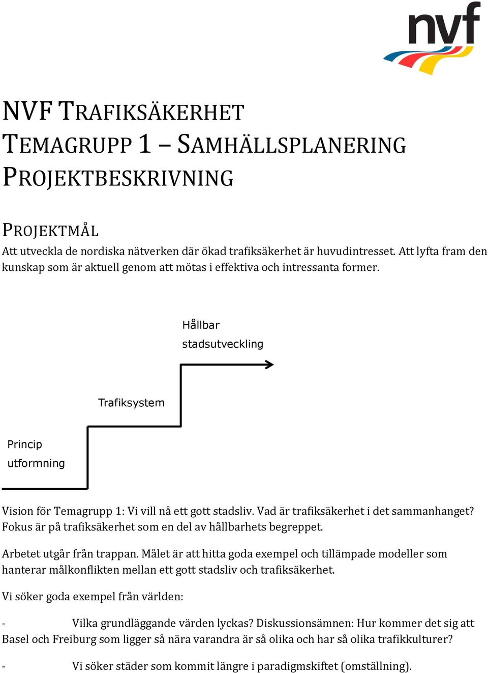 Hållbar stadsutveckling Trafiksystem Princip utformning Vision för Temagrupp 1: Vi vill nå ett gott stadsliv. Vad är trafiksäkerhet i det sammanhanget?