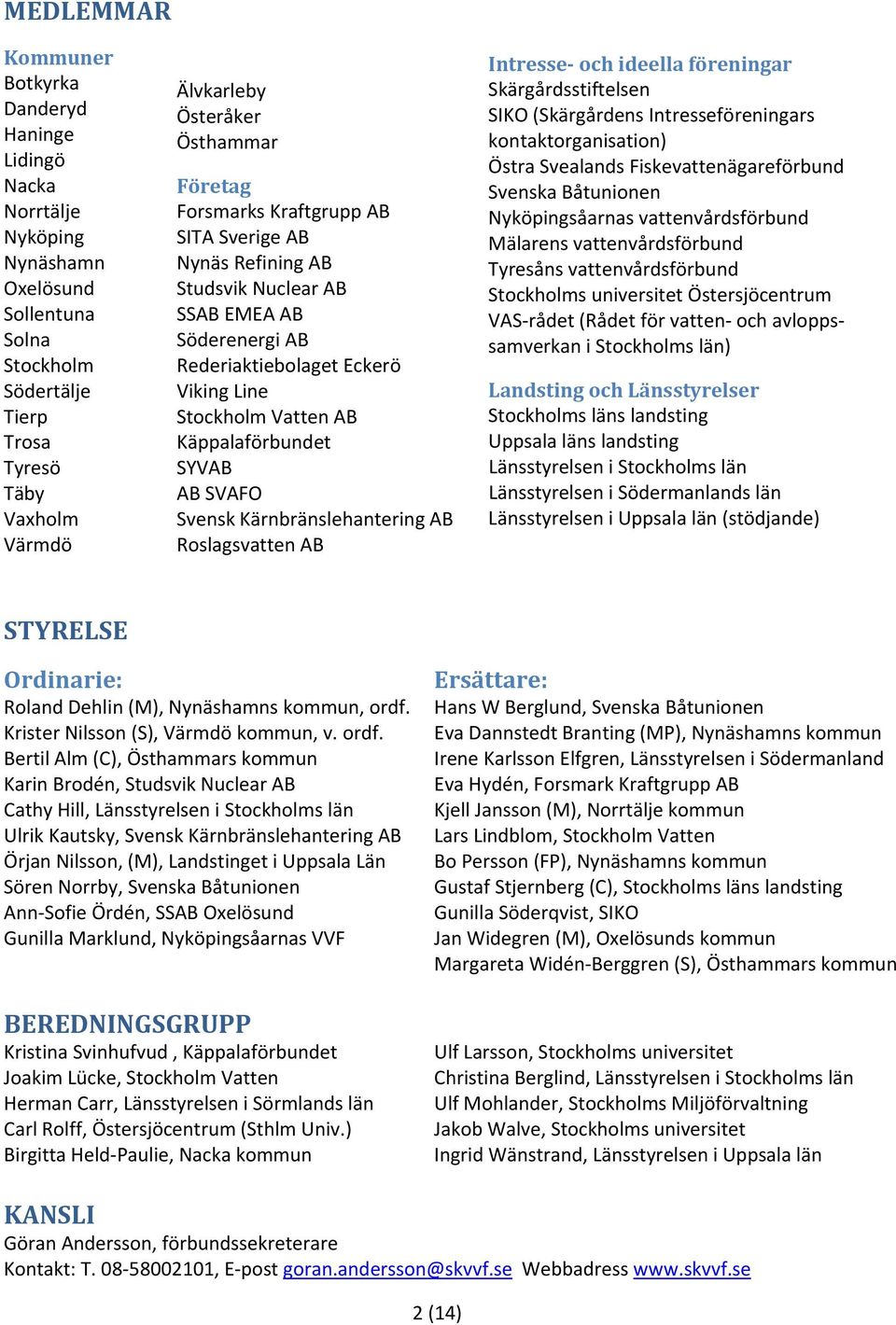 SYVAB AB SVAFO Svensk Kärnbränslehantering AB Roslagsvatten AB Intresse och ideella föreningar Skärgårdsstiftelsen SIKO (Skärgårdens Intresseföreningars kontaktorganisation) Östra Svealands
