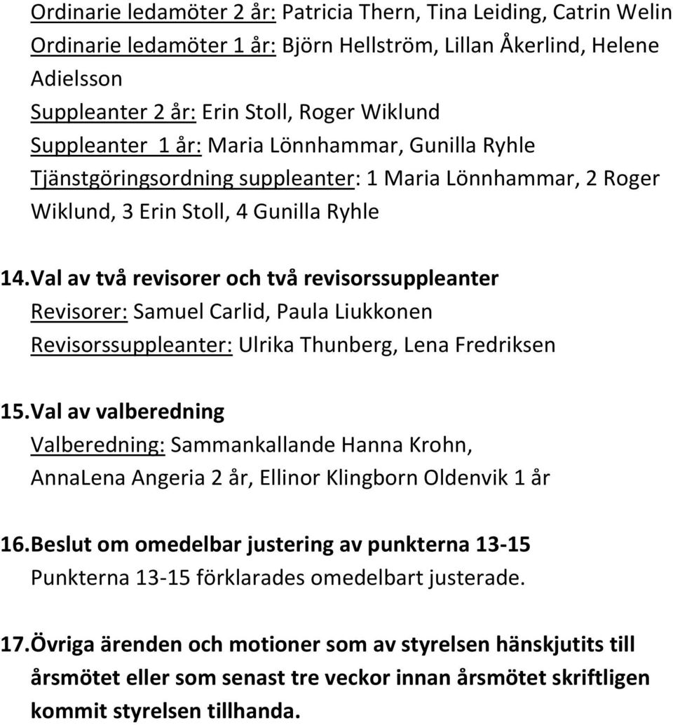 Val av två revisorer och två revisorssuppleanter Revisorer: Samuel Carlid, Paula Liukkonen Revisorssuppleanter: Ulrika Thunberg, Lena Fredriksen 15.