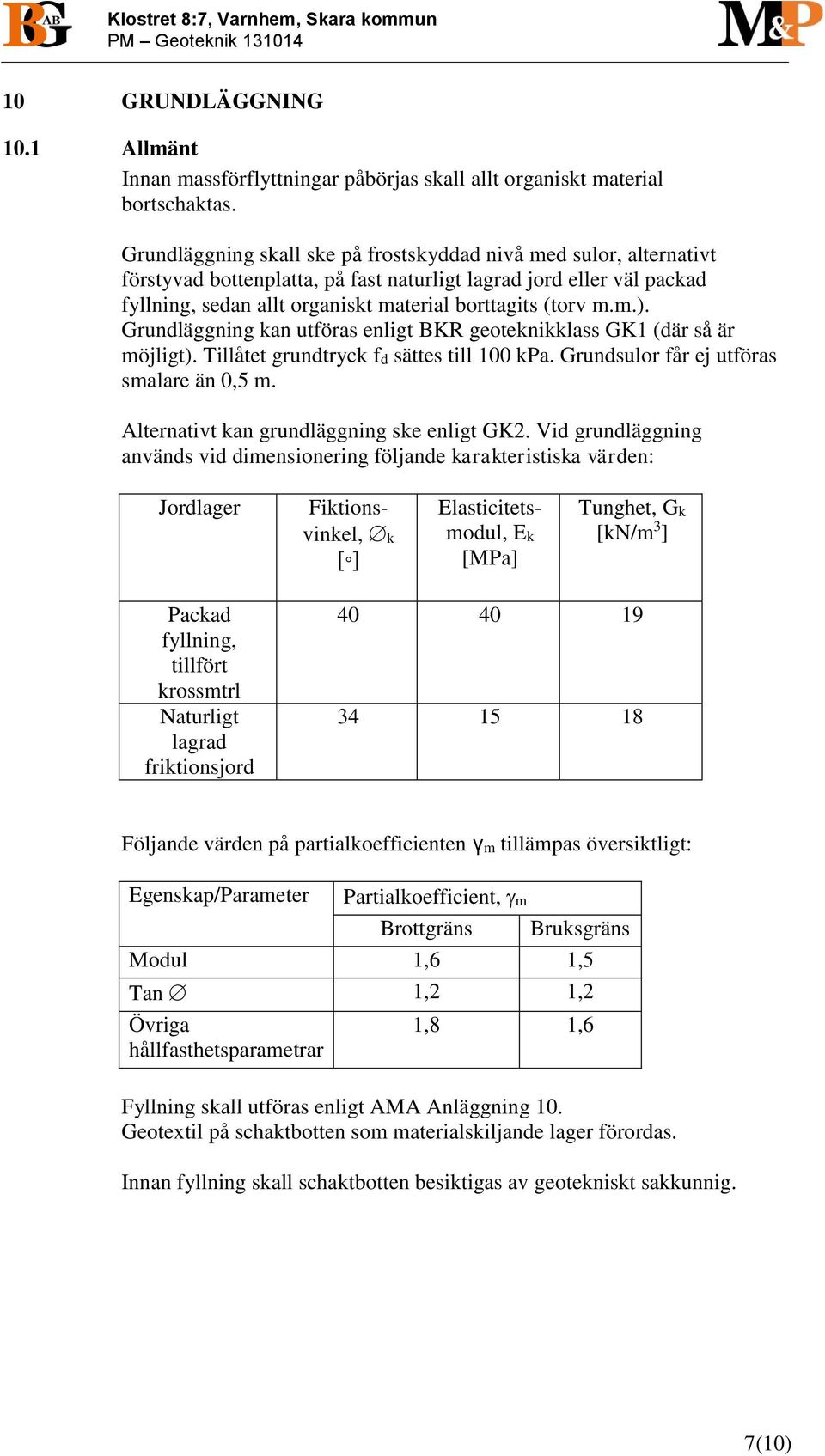 Grundläggning kan utföras enligt BKR geoteknikklass GK1 (där så är möjligt). Tillåtet grundtryck fd sättes till 100 kpa. Grundsulor får ej utföras smalare än 0,5 m.