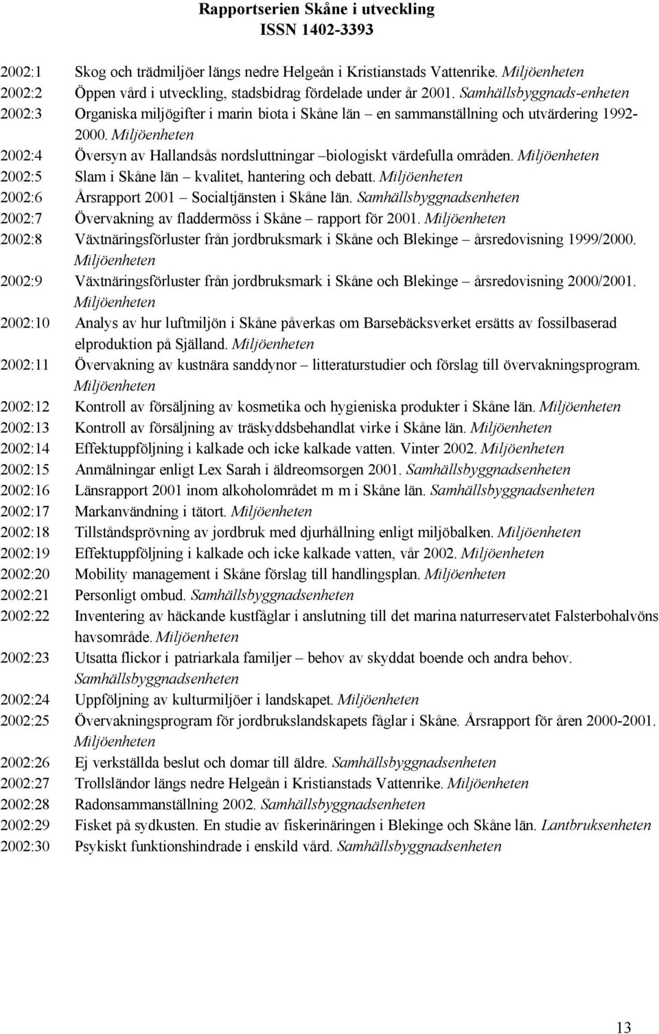 Samhällsbyggnads-enheten 2002:3 Organiska miljögifter i marin biota i Skåne län en sammanställning och utvärdering 1992-2000.