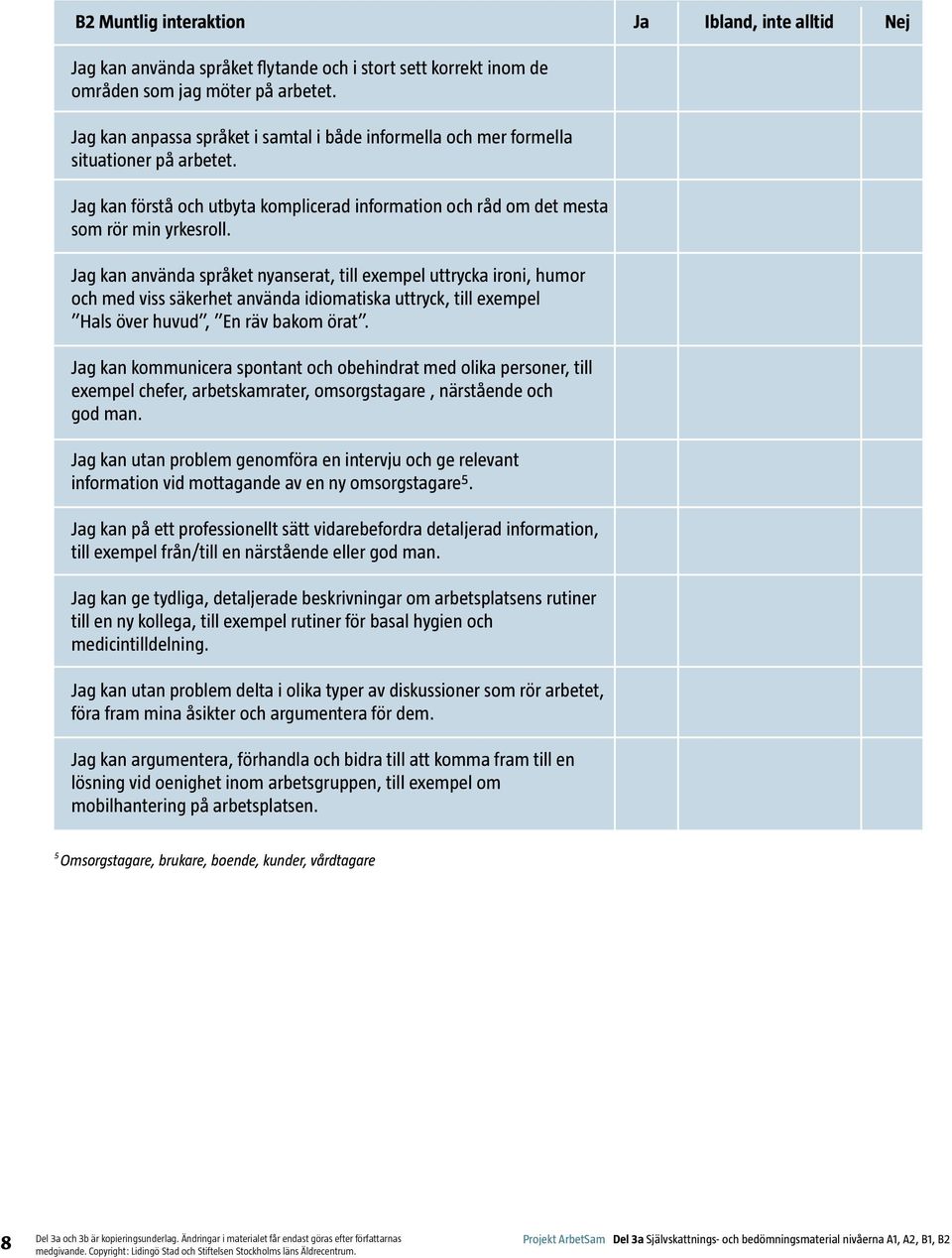 Jag kan använda språket nyanserat, till exempel uttrycka ironi, humor och med viss säkerhet använda idiomatiska uttryck, till exempel Hals över huvud, En räv bakom örat.