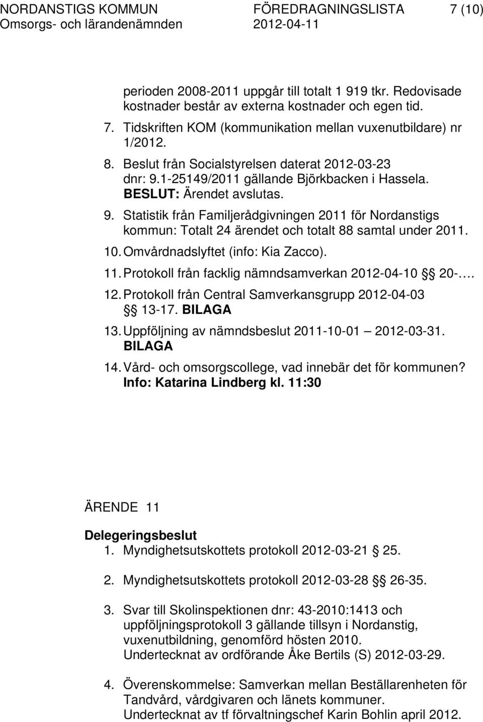 10. Omvårdnadslyftet (info: Kia Zacco). 11. Protokoll från facklig nämndsamverkan 2012-04-10 20-. 12. Protokoll från Central Samverkansgrupp 2012-04-03 13-17. BILAGA 13.