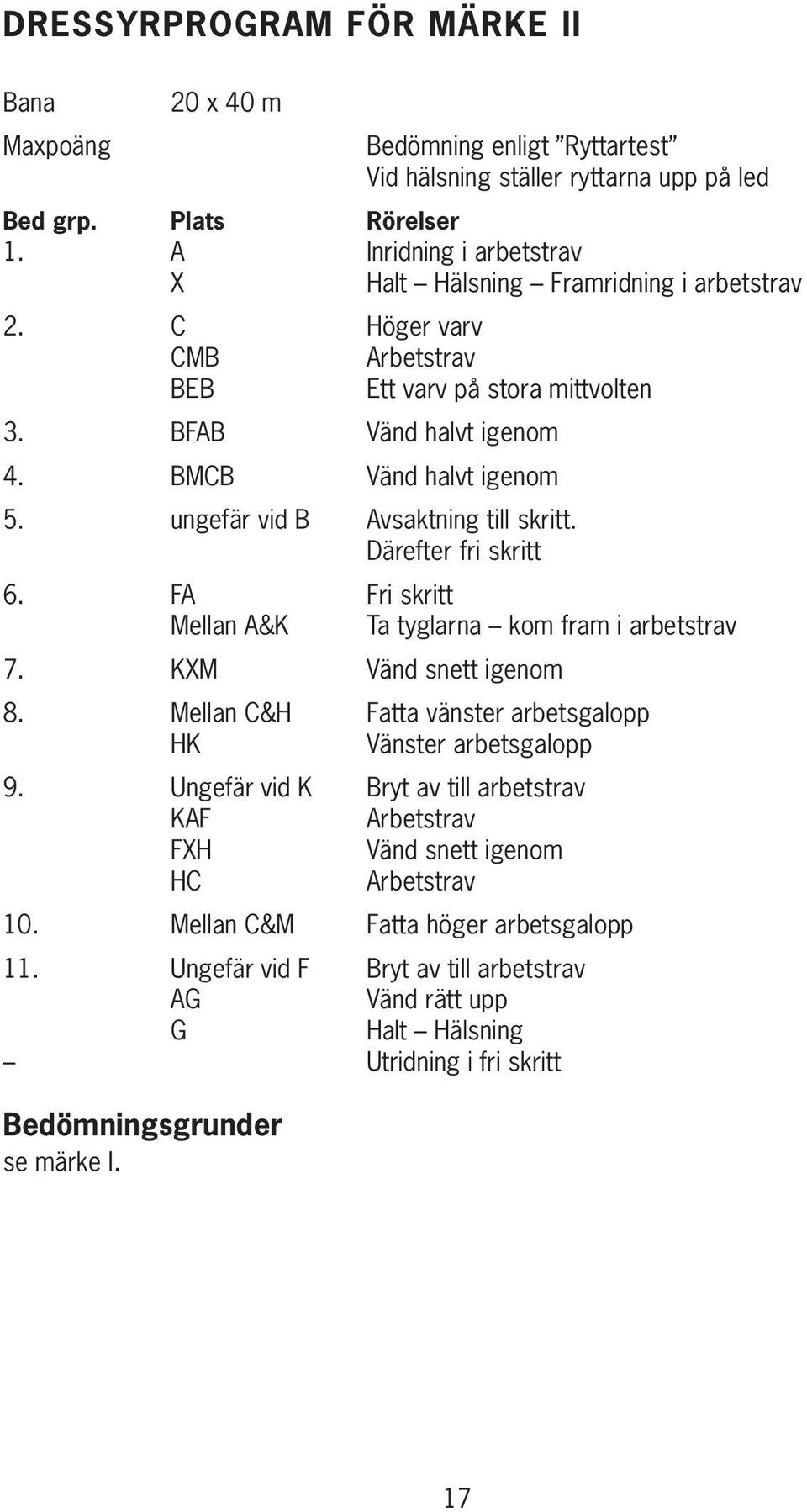 ungefär vid B Avsaktning till skritt. Därefter fri skritt 6. FA Fri skritt Mellan A&K Ta tyglarna kom fram i arbetstrav 7. KXM Vänd snett igenom 8.