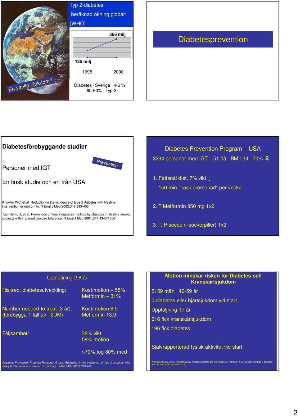 Reduction in the incidence of type 2 diabetes with lifestyle intervention or metformin. N Engl J Med 22;346:393-43 Tuomilehto J, et al.