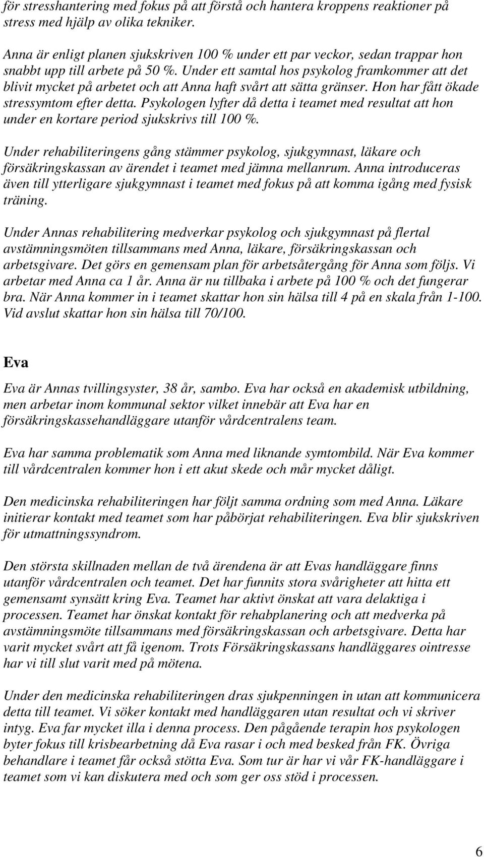 Under ett samtal hos psykolog framkommer att det blivit mycket på arbetet och att Anna haft svårt att sätta gränser. Hon har fått ökade stressymtom efter detta.