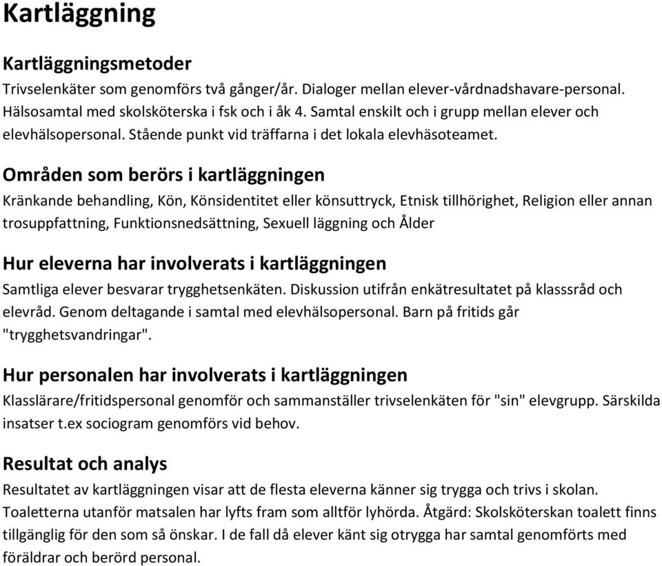 Områden som berörs i kartläggningen Kränkande behandling, Kön, Könsidentitet eller könsuttryck, Etnisk tillhörighet, Religion eller annan trosuppfattning, Funktionsnedsättning, Sexuell läggning och