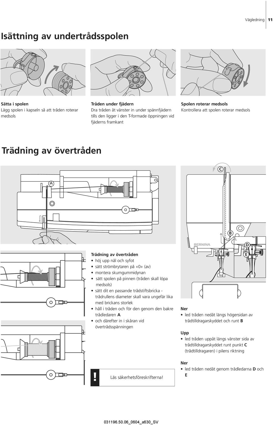 på «0» (av) montera skumgummidynan sätt spolen på pinnen (tråden skall löpa medsols) sätt dit en passande trådstiftsbricka - trådrullens diameter skall vara ungefär lika med brickans storlek håll i