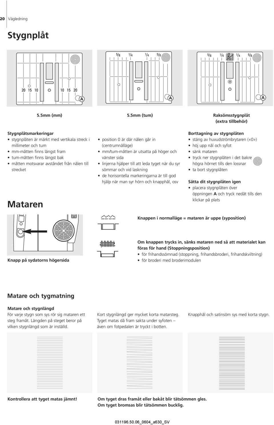 motsvarar avståndet från nålen till strecket Mataren position 0 är där nålen går in (centrumnålläge) mm/tum-måtten är utsatta på höger och vänster sida linjerna hjälper till att leda tyget när du syr