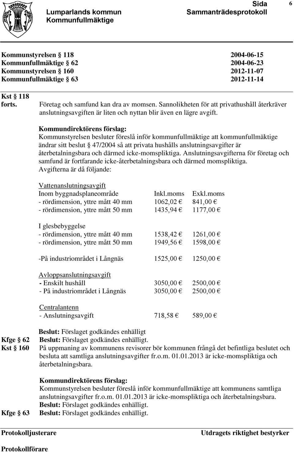 Kommundirektörens förslag: Kommunstyrelsen besluter föreslå inför kommunfullmäktige att kommunfullmäktige ändrar sitt beslut 47/2004 så att privata hushålls anslutningsavgifter är återbetalningsbara