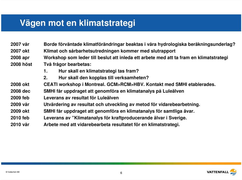 Hur skall en klimatstrategi tas fram? 2. Hur skall den kopplas till verksamheten? 2008 okt CEATI workshop i Montreal. GCM>RCM>HBV. Kontakt med SMHI etablerades.