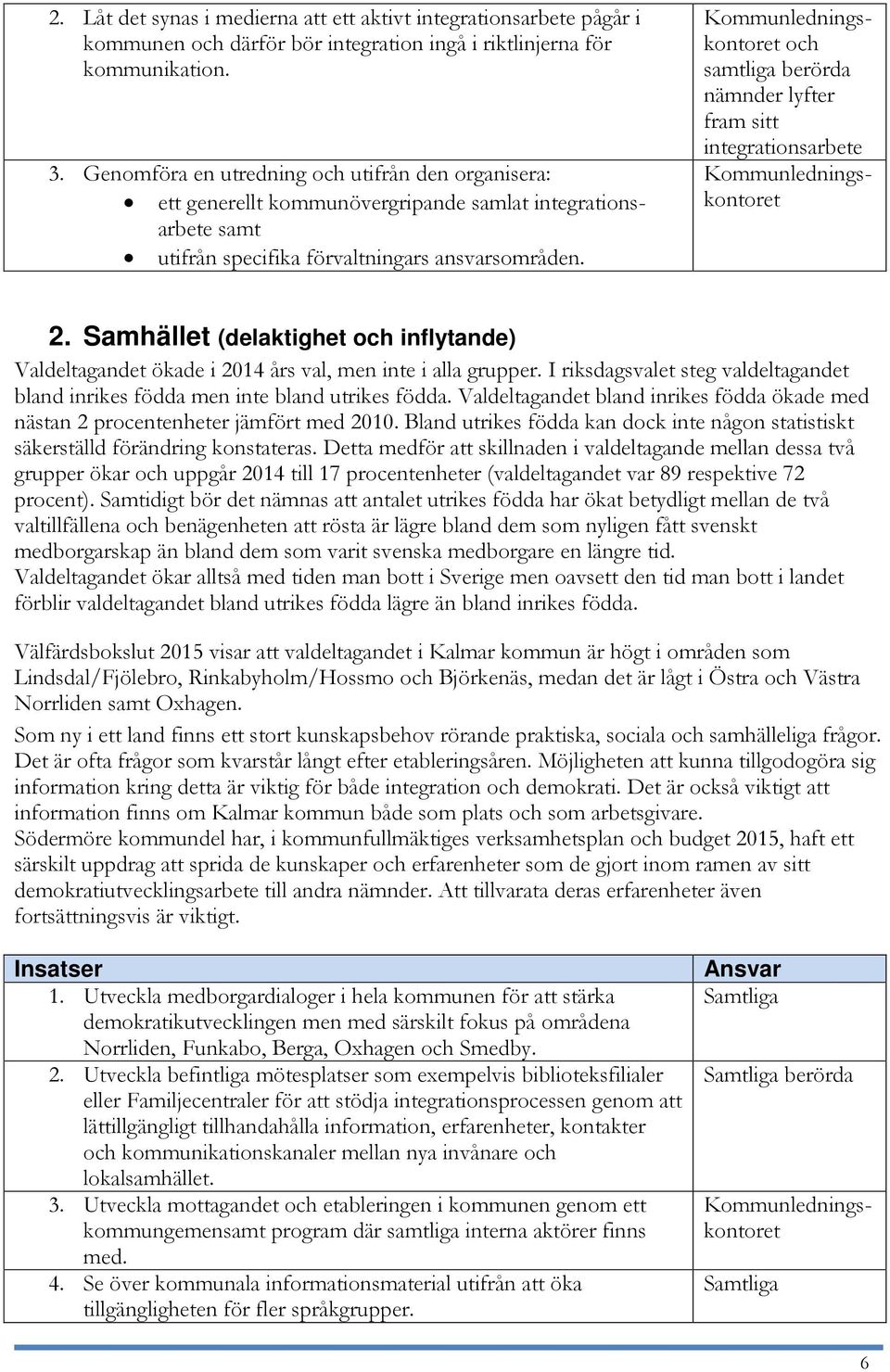 och samtliga berörda nämnder lyfter fram sitt integrationsarbete 2. Samhället (delaktighet och inflytande) Valdeltagandet ökade i 2014 års val, men inte i alla grupper.