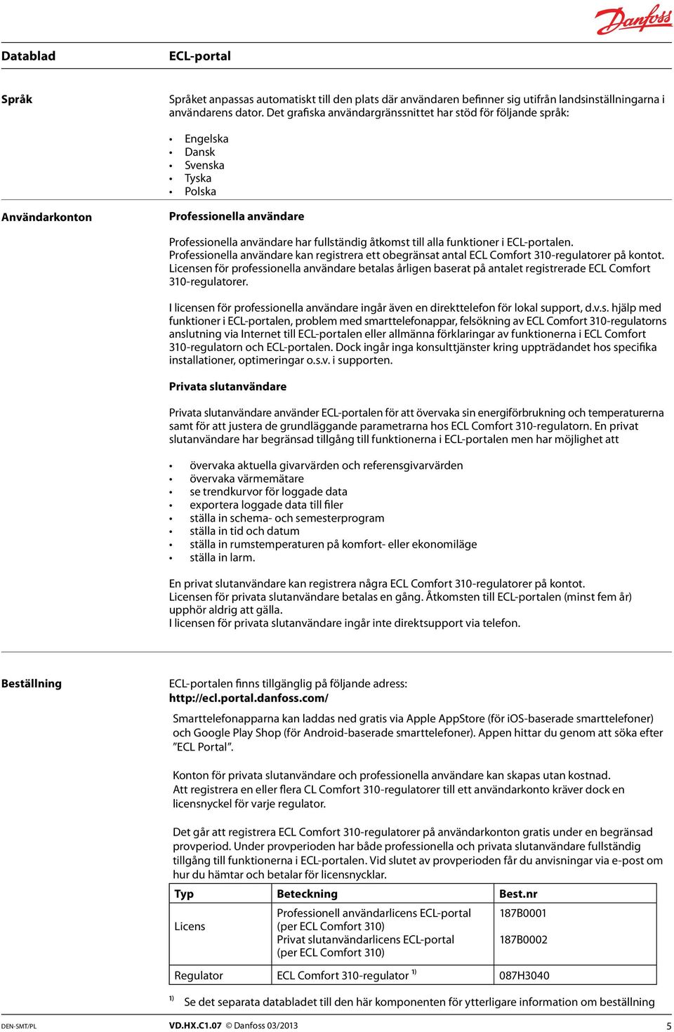en. Professionea användare kan registrera ett obegränsat anta ECL Comfort 310-reguatorer på kontot.