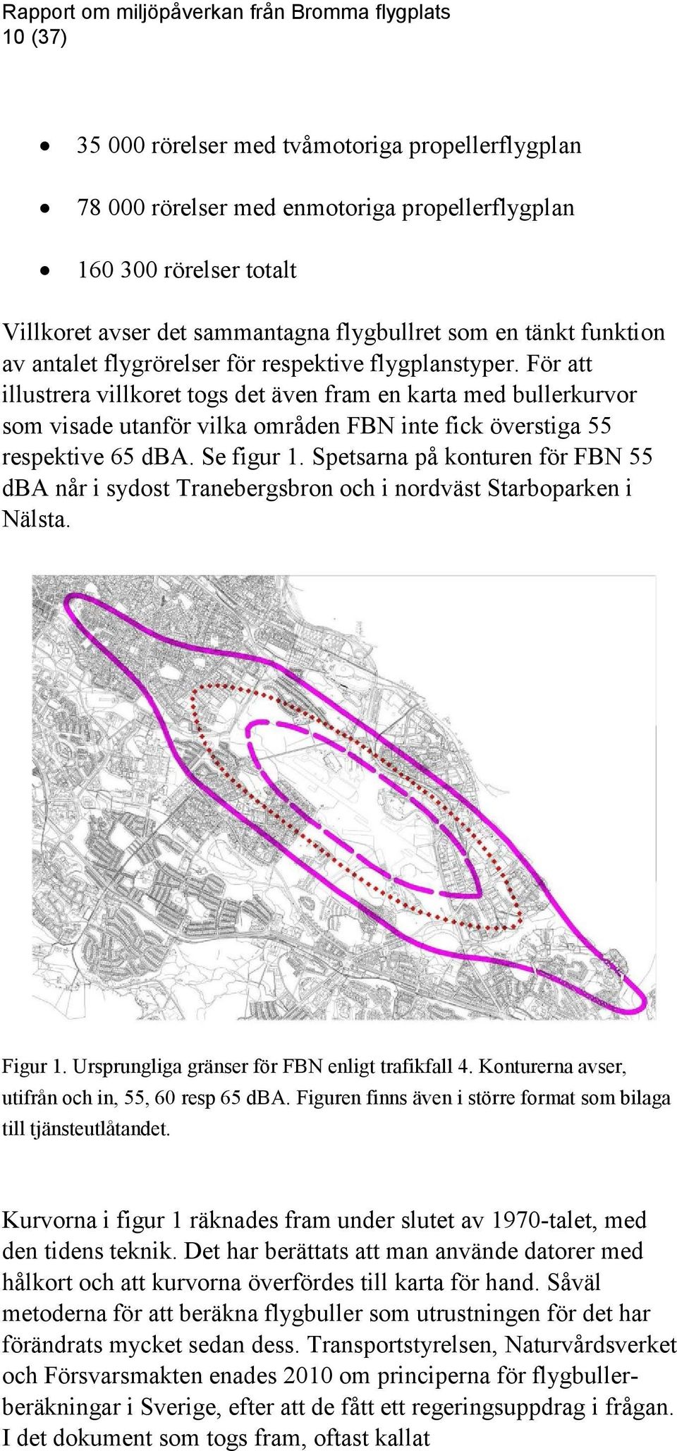 För att illustrera villkoret togs det även fram en karta med bullerkurvor som visade utanför vilka områden FBN inte fick överstiga 55 respektive 65 dba. Se figur 1.