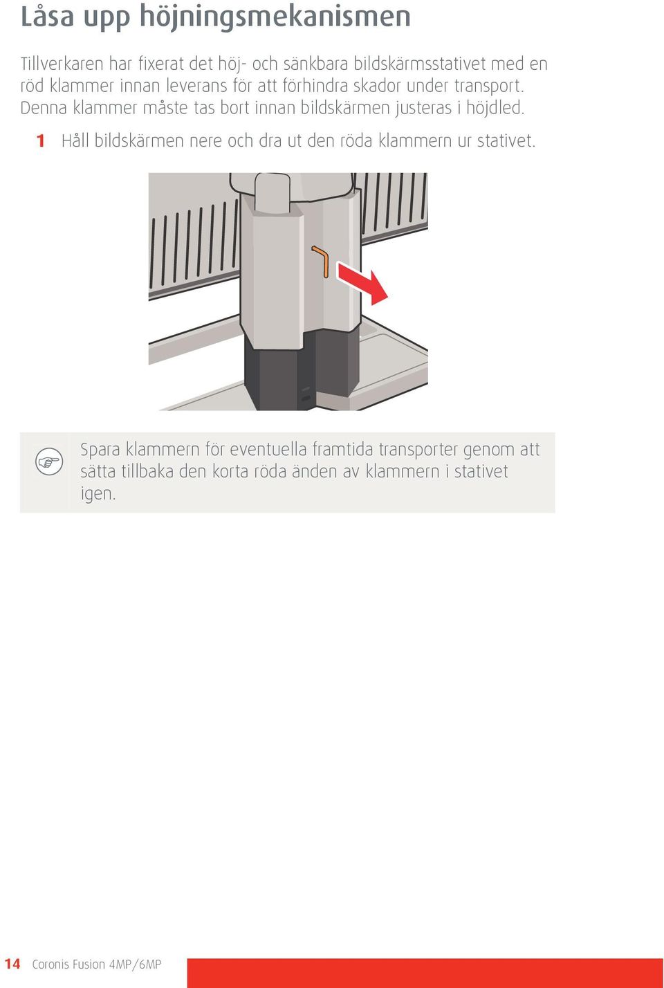 Denna klammer måste tas bort innan bildskärmen justeras i höjdled.
