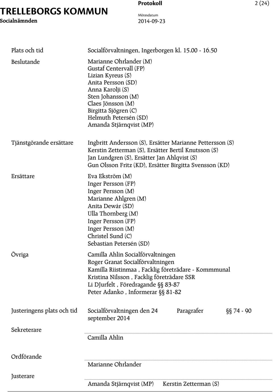 Amanda Stjärnqvist (MP) Tjänstgörande ersättare Ersättare Övriga Ingbritt Andersson (S), Ersätter Marianne Pettersson (S) Kerstin Zetterman (S), Ersätter Bertil Knutsson (S) Jan Lundgren (S),