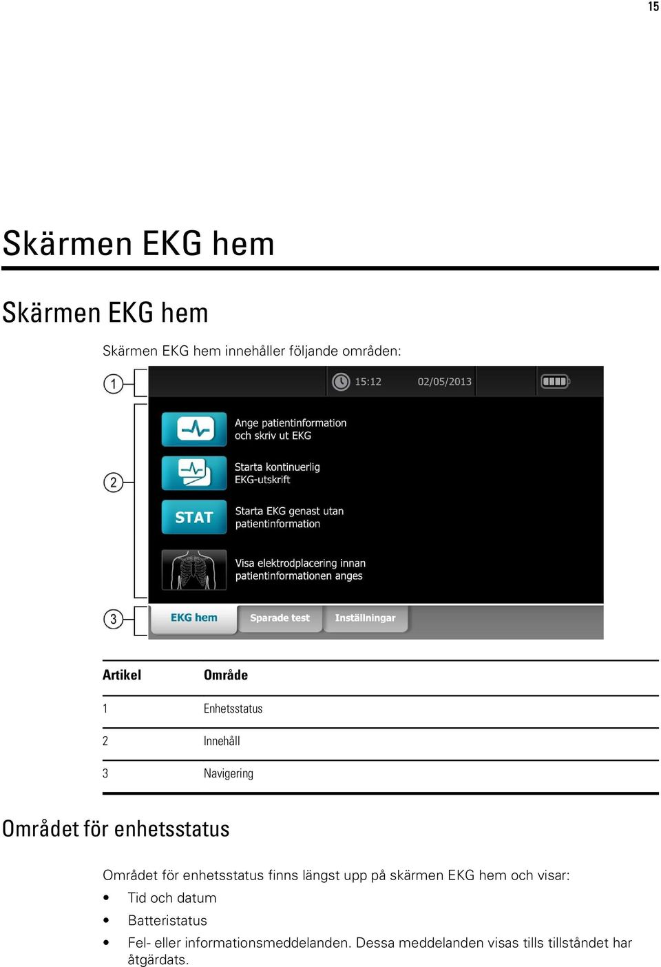 enhetsstatus finns längst upp på skärmen EKG hem och visar: Tid och datum Batteristatus