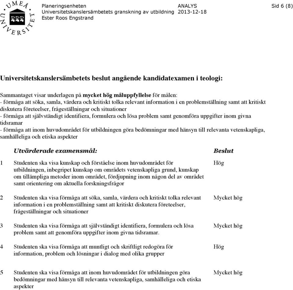 genomföra uppgifter inom givna tidsramar - förmåga att inom huvudområdet för utbildningen göra bedömningar med hänsyn till relevanta vetenskapliga, samhälleliga och etiska aspekter Utvärderade