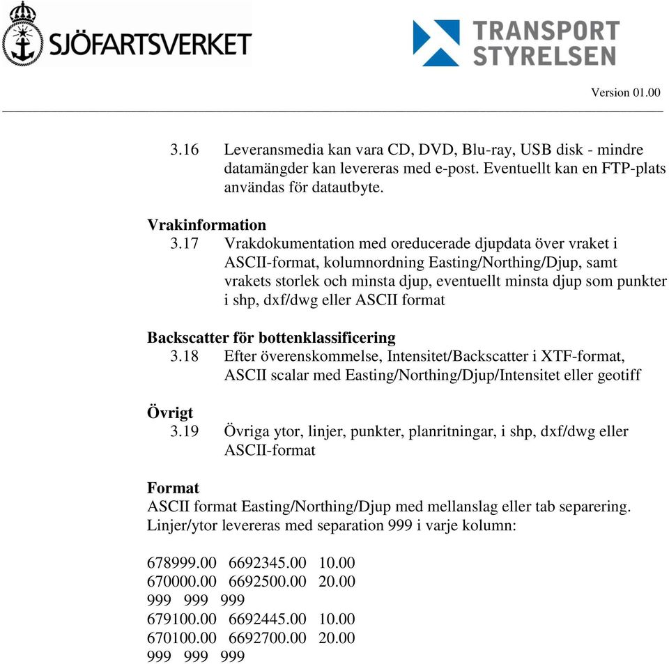 eller ASCII format Backscatter för bottenklassificering 3.18 Efter överenskommelse, Intensitet/Backscatter i XTF-format, ASCII scalar med Easting/Northing/Djup/Intensitet eller geotiff Övrigt 3.