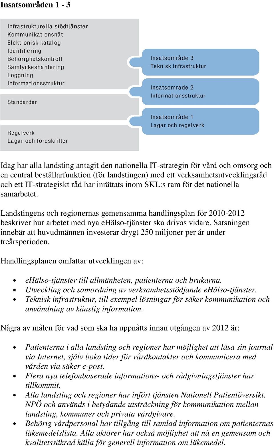 Landstingens och regionernas gemensamma handlingsplan för 2010-2012 beskriver hur arbetet med nya ehälso-tjänster ska drivas vidare.