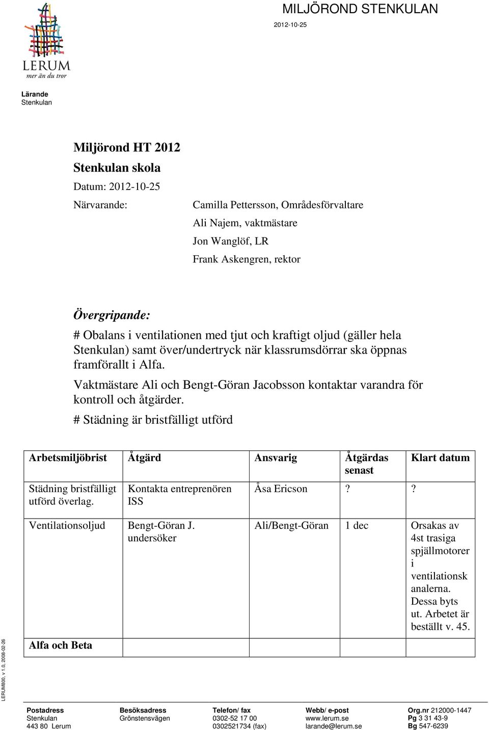 Vaktmästare Al och Bengt-Göran Jacobsson kontaktar varandra för kontroll och åtgärder. # Städnng är brstfällgt utförd Städnng brstfällgt utförd överlag. Kontakta entreprenören ISS Åsa Ercson?