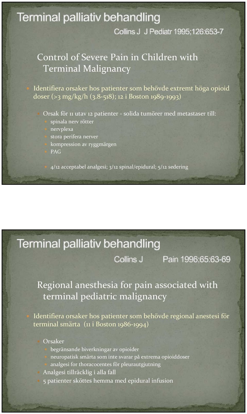analgesi; 3/12 spinal/epidural; 5/12 sedering Regional anesthesia for pain associated with terminal pediatric malignancy Identifiera orsaker hos patienter som behövde regional anestesi för terminal