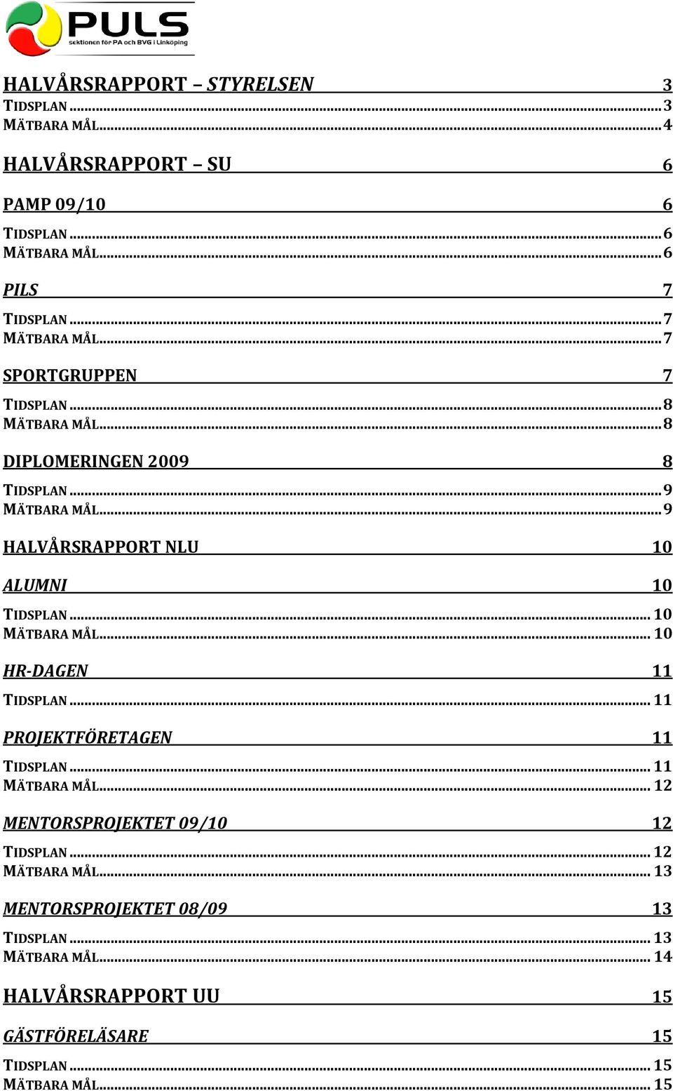 .. 9 HALVÅRSRAPPORT NLU 10 ALUMNI 10 TIDSPLAN... 10 MÄTBARA MÅL... 10 HR-DAGEN 11 TIDSPLAN... 11 PROJEKTFÖRETAGEN 11 TIDSPLAN... 11 MÄTBARA MÅL.