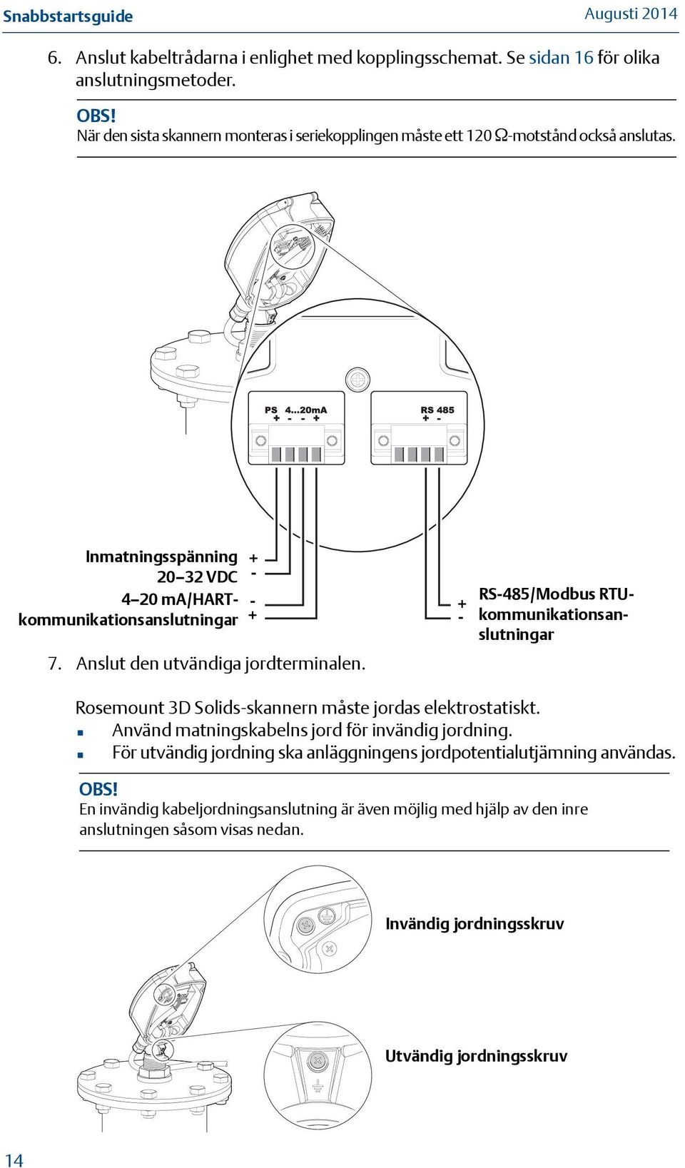 Anslut den utvändiga jordterminalen. + - RS-485/Modbus RTUkommunikationsanslutningar Rosemount 3D Solids-skannern måste jordas elektrostatiskt.