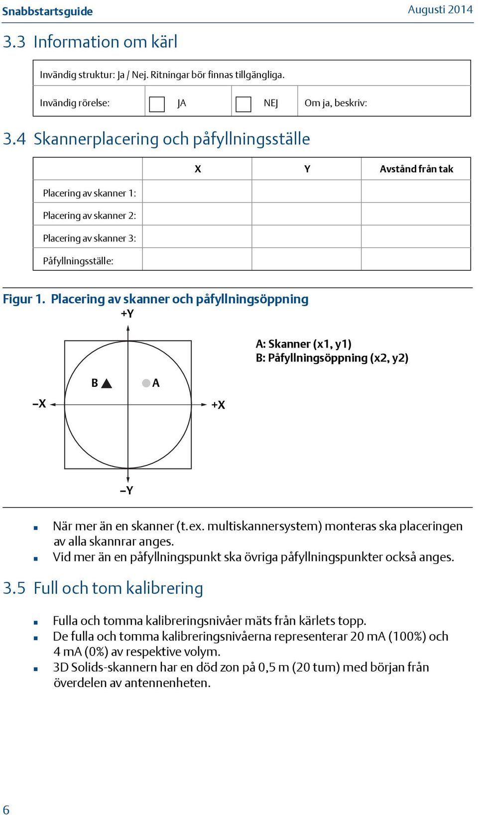 Placering av skanner och påfyllningsöppning +Y A: Skanner (x1, y1) B: Påfyllningsöppning (x2, y2) X B A +X Y När mer än en skanner (t.ex.