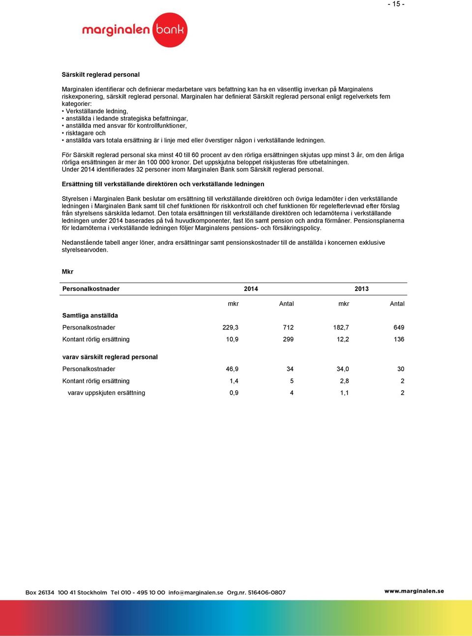 kontrollfunktioner, risktagare och anställda vars totala ersättning är i linje med eller överstiger någon i verkställande ledningen.