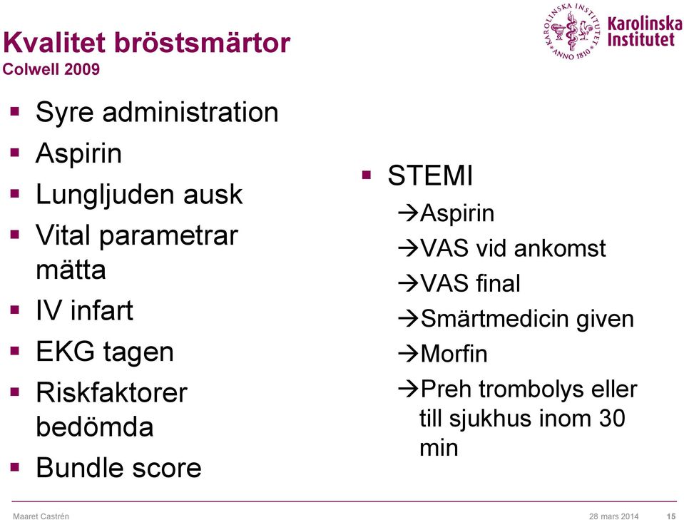 Bundle score STEMI Aspirin VAS vid ankomst VAS final Smärtmedicin given