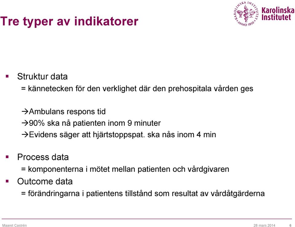 ska nås inom 4 min Process data = komponenterna i mötet mellan patienten och vårdgivaren Outcome