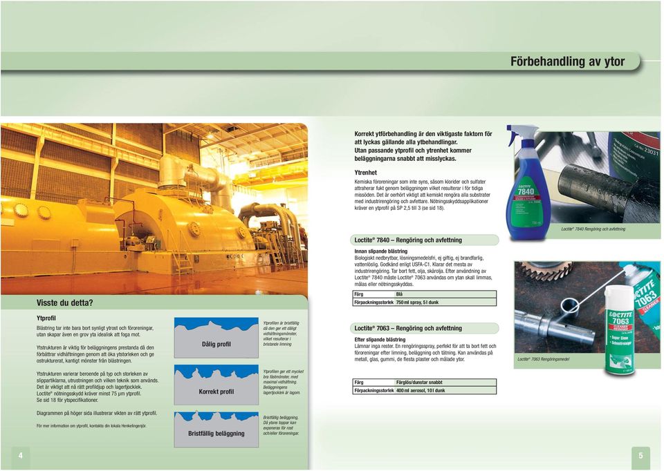 Det är oerhört viktigt att kemiskt rengöra alla substrater med industrirengöring och avfettare. Nötningsskyddsapplikationer kräver en ytprofil på SP 2,5 till 3 (se sid 18).