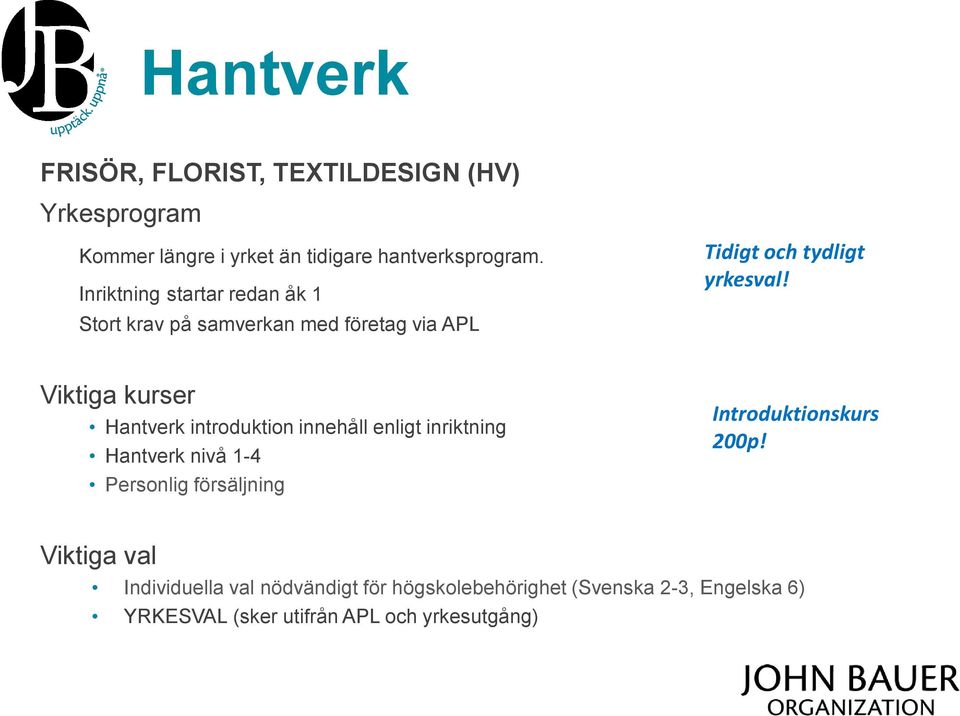 Viktiga kurser Hantverk introduktion innehåll enligt inriktning Hantverk nivå 1-4 Personlig försäljning