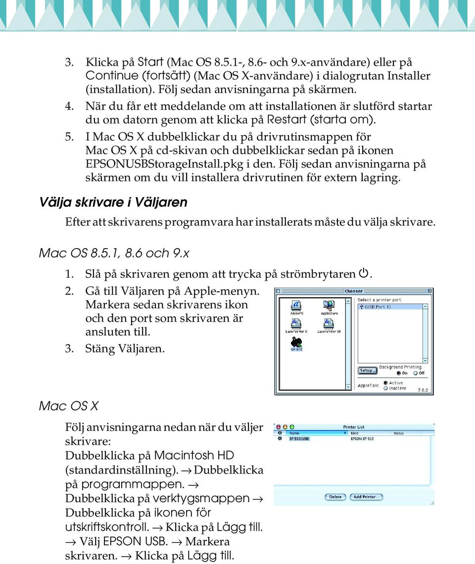 I Mac OS X dubbelklickar du på drivrutinsmappen för Mac OS X på cd-skivan och dubbelklickar sedan på ikonen EPSONUSBStorageInstall.pkg i den.