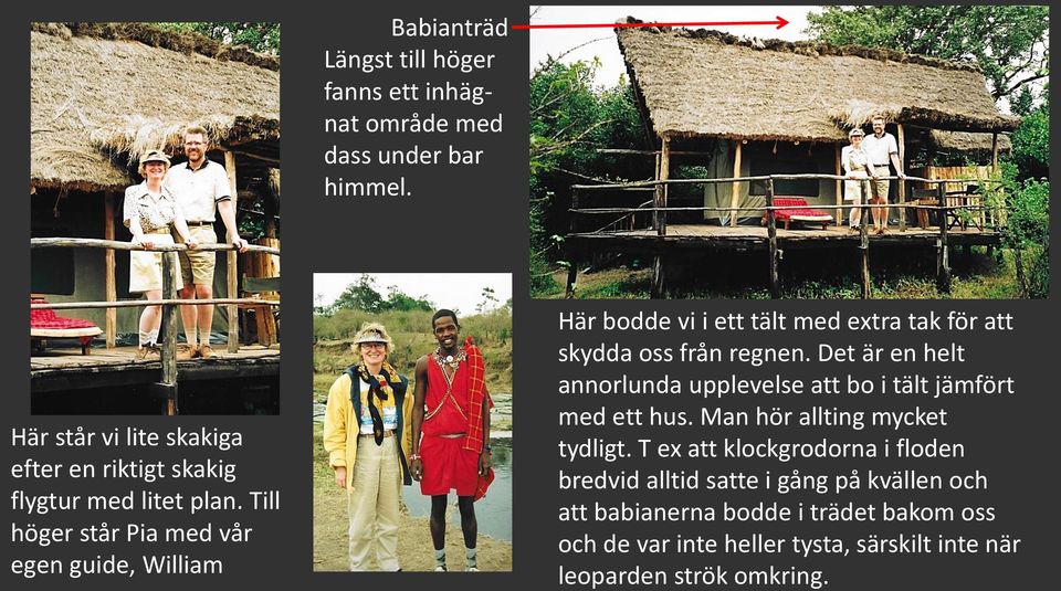 Till höger står Pia med vår egen guide, William Här bodde vi i ett tält med extra tak för att skydda oss från regnen.