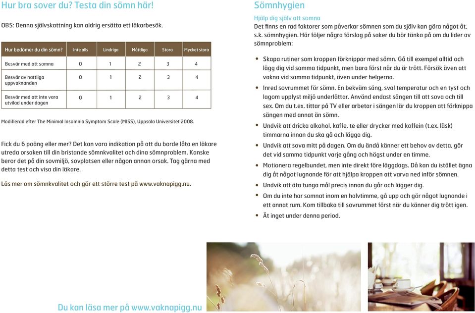 (MISS), Uppsala Universitet 8. Fick du 6 poäng eller mer? Det kan vara indikation på att du borde låta en läkare utreda orsaken till din bristande sömnkvalitet och dina sömnproblem.