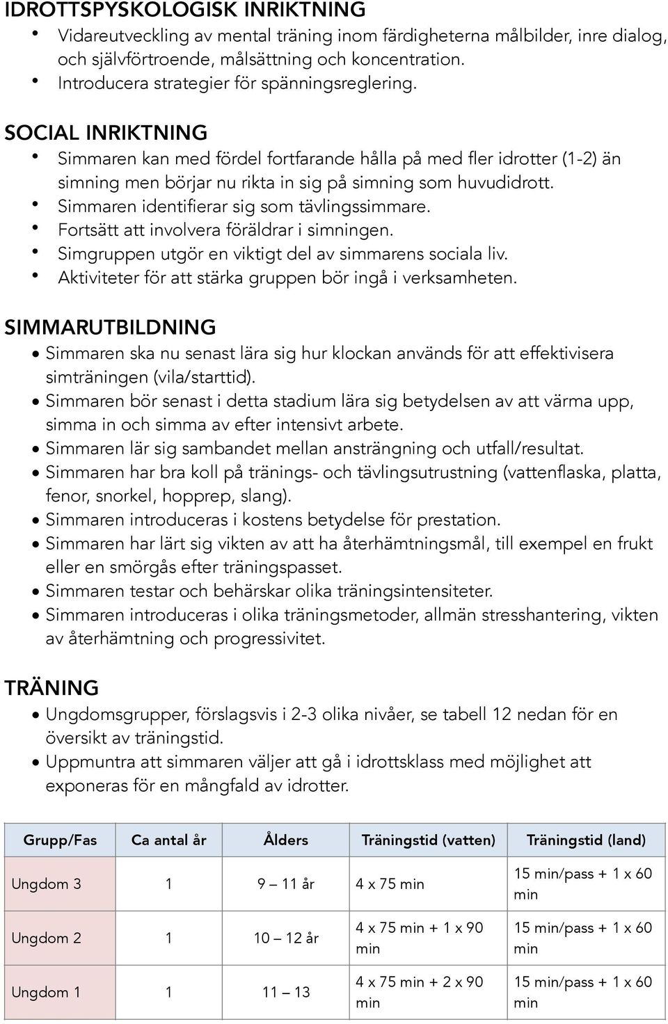 Simmaren identifierar sig som tävlingssimmare. Fortsätt att involvera föräldrar i simningen. Simgruppen utgör en viktigt del av simmarens sociala liv.